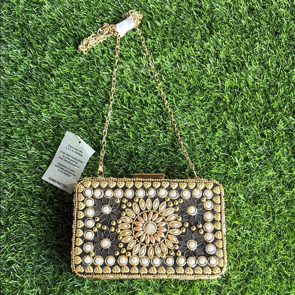 Embellished Floral Mosaic Shoulder Bag in Black and Gold